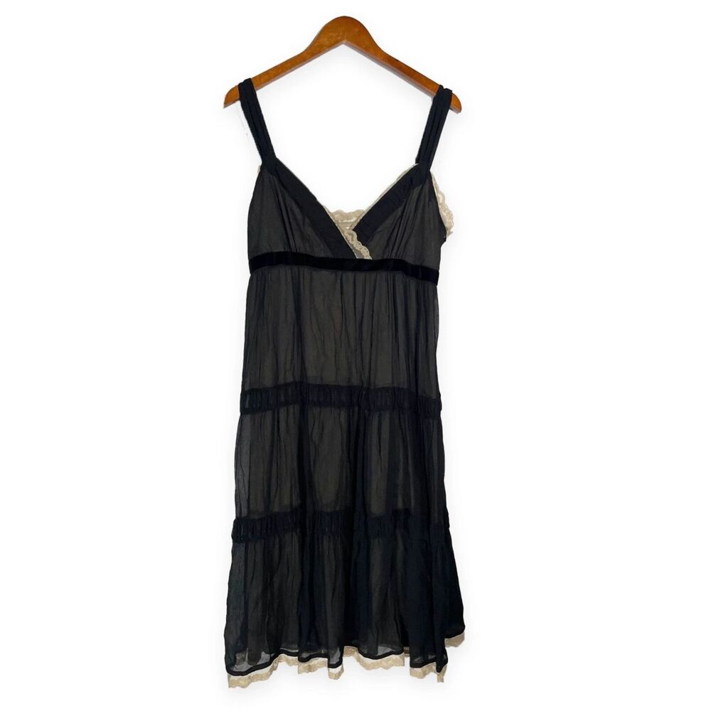 Michael Kors Black Silk Slip Dress Lace Velvet Trim Sheer Tiered 90s Y2K 10